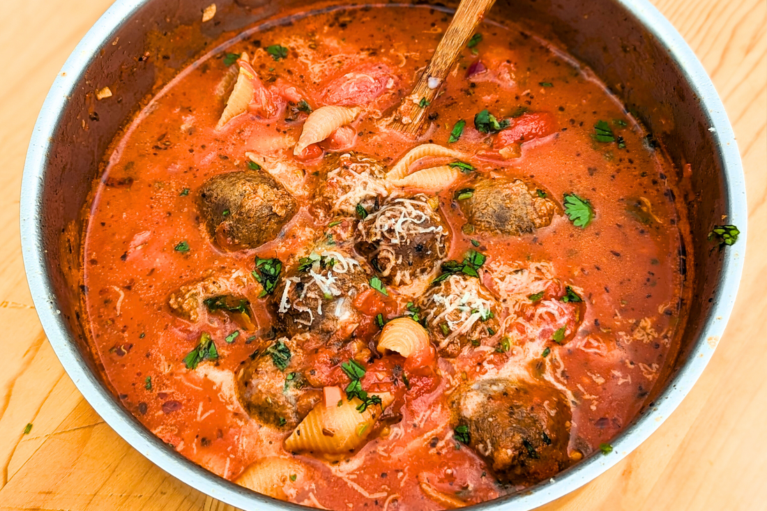 Tomato Noodle Soup with Mushroom Balls
